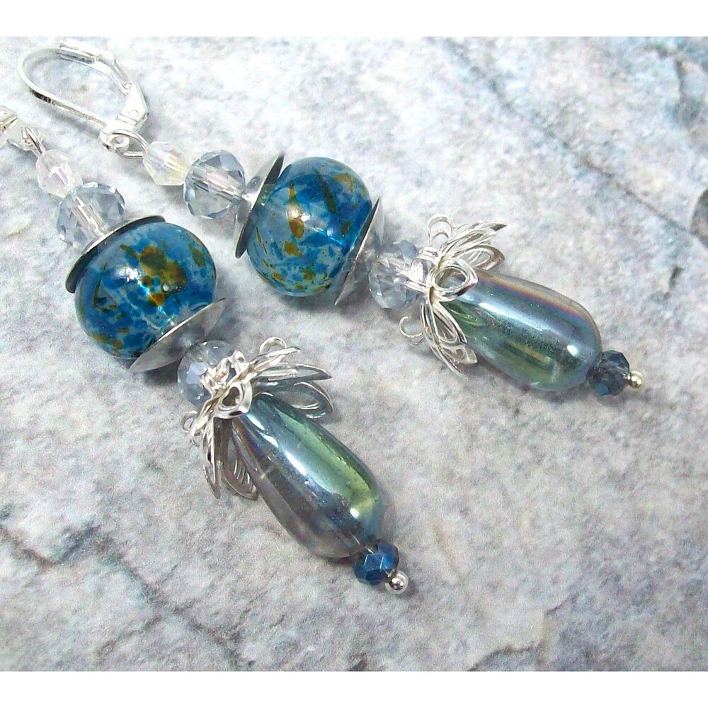 Teal Lampwork Dangle Earrings, Silver, Art Nouveau,